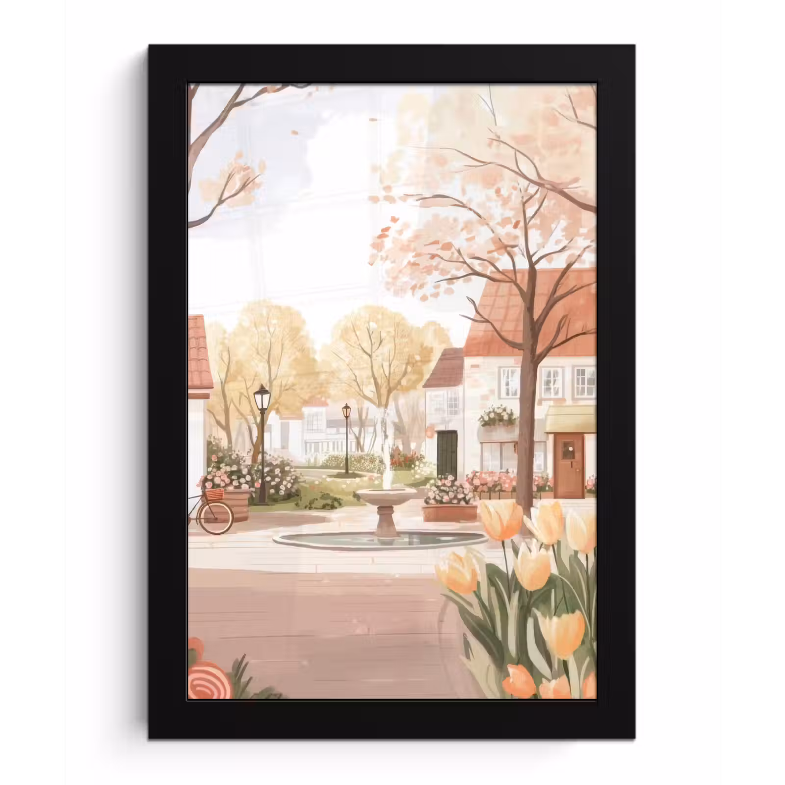Poster met lijst - Dorpsplein - Fontein - Tulpen — 1