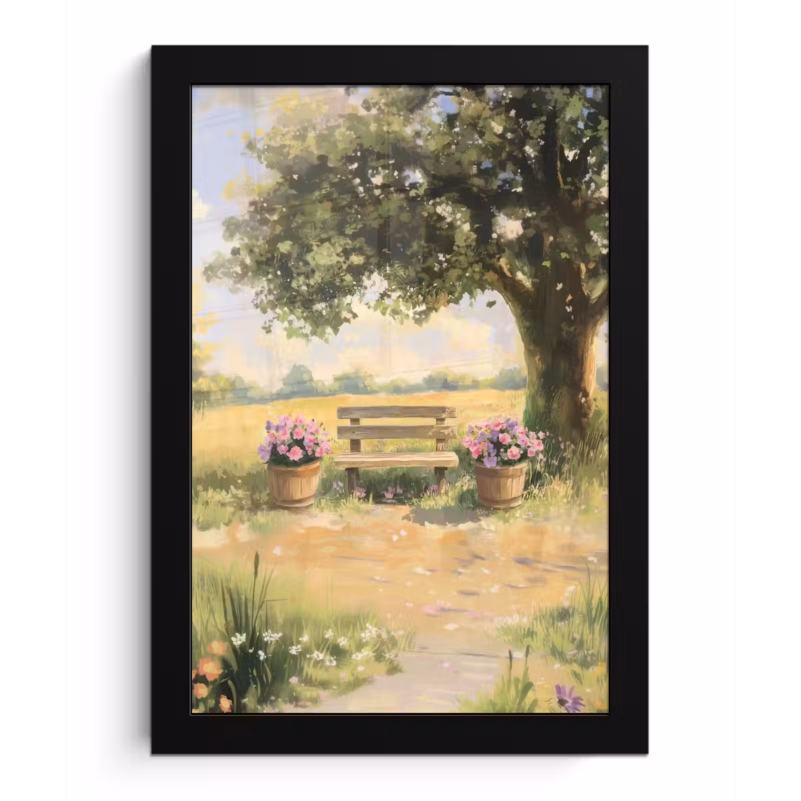 Poster met lijst - Houten bankje - Bloempotten - Landschap — 1