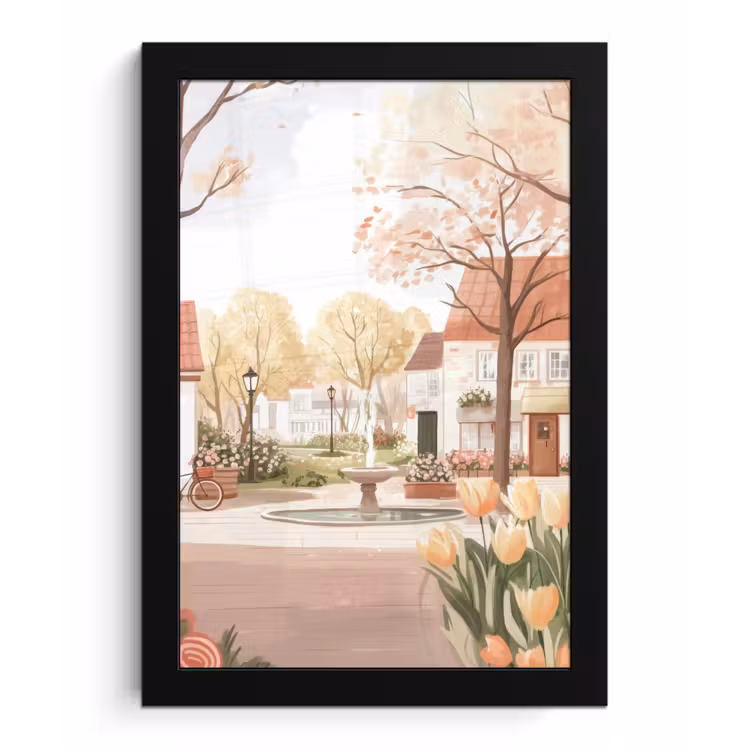 Poster met lijst - Dorpsplein - Fontein - Tulpen — 1