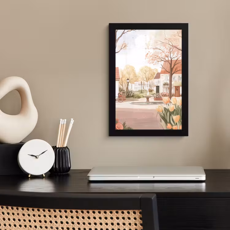 Poster met lijst - Dorpsplein - Fontein - Tulpen — 2