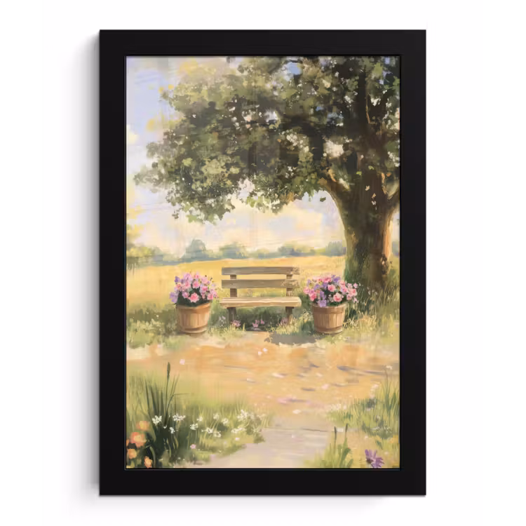Poster met lijst - Houten bankje - Bloempotten - Landschap — 1