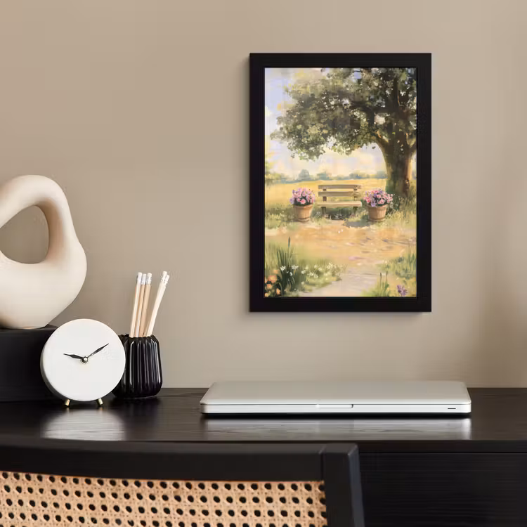 Poster met lijst - Houten bankje - Bloempotten - Landschap — 2
