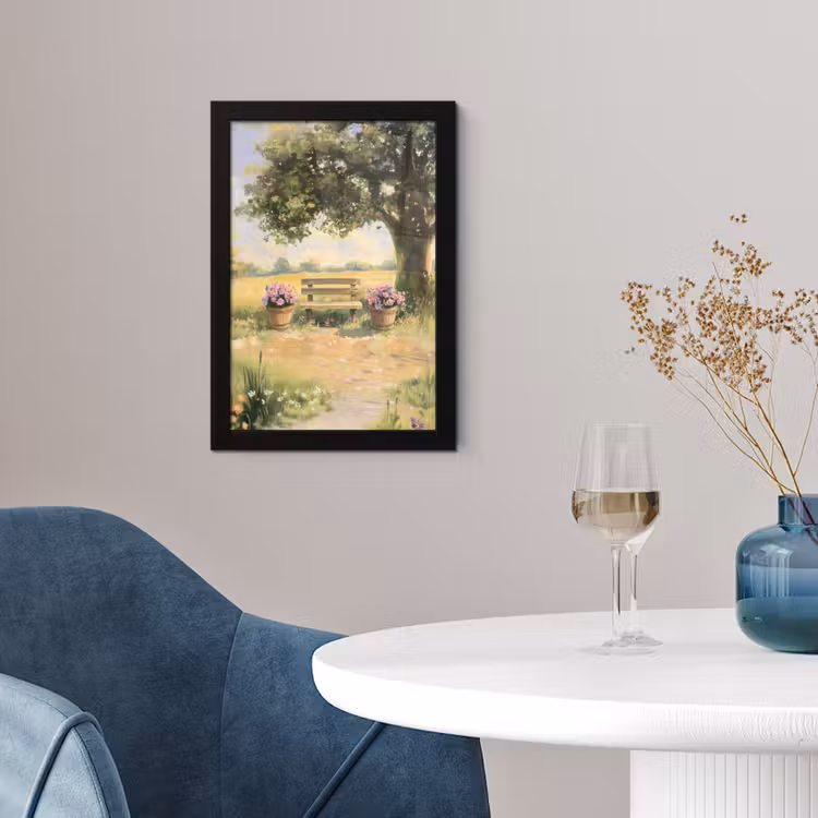 Poster met lijst - Houten bankje - Bloempotten - Landschap — 4