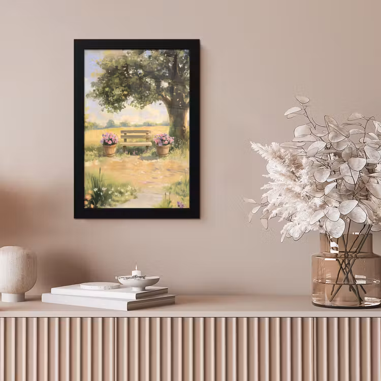 Poster met lijst - Houten bankje - Bloempotten - Landschap — 5