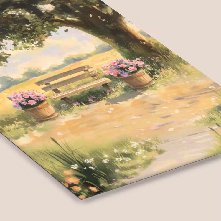 Poster met lijst - Houten bankje - Bloempotten - Landschap — 7
