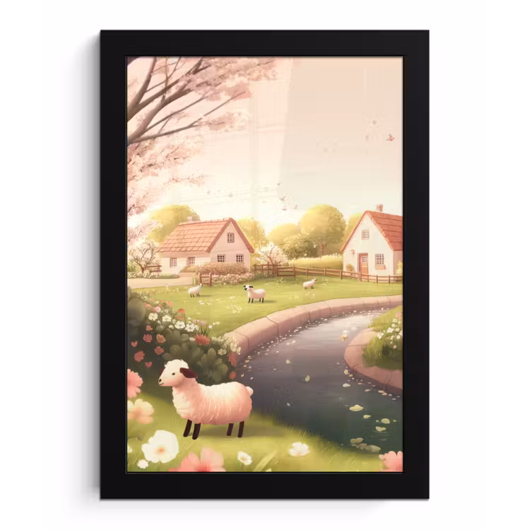 Poster met lijst - Schapen - Huisje - Platteland — 1