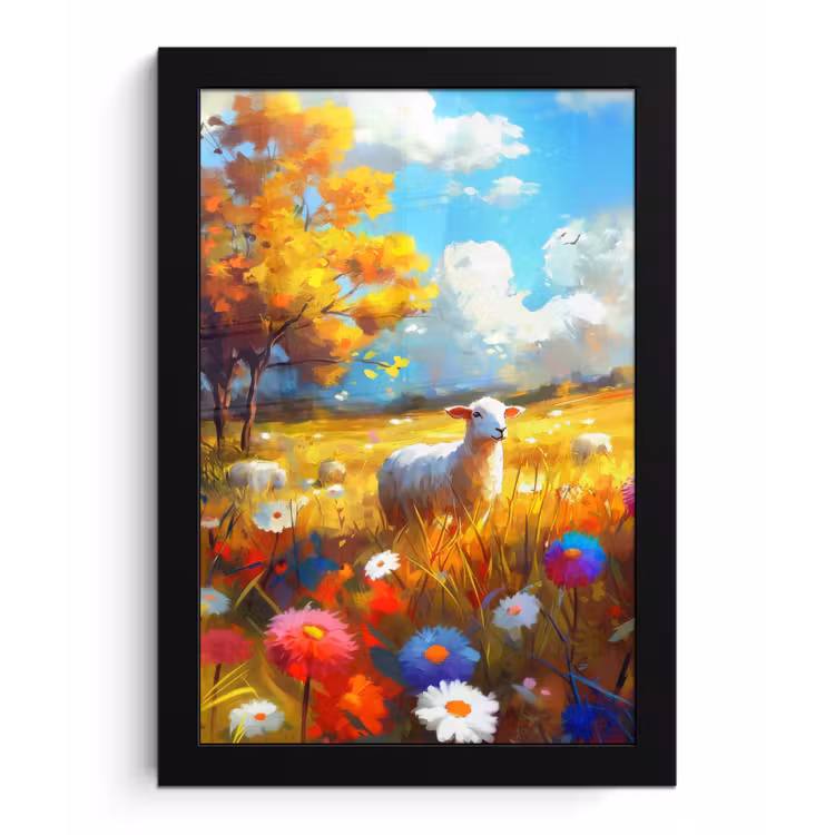 Poster met lijst - Schaap - Weide - Bloemen — 1