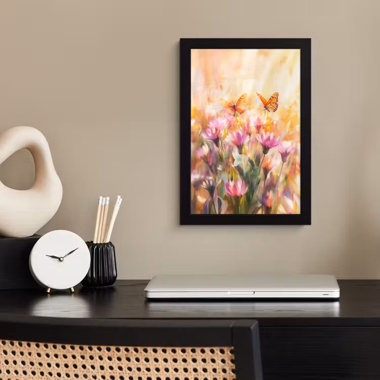 Poster met lijst - Vlinders - Oranje - Bloemen — 2