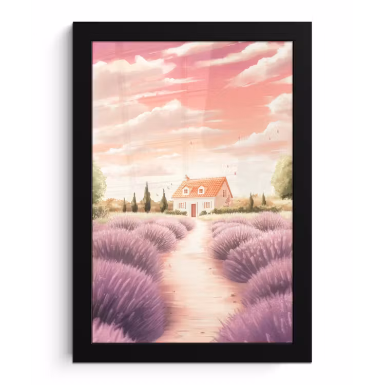 Poster met lijst - Lavendelveld - Huis - Paars — 1