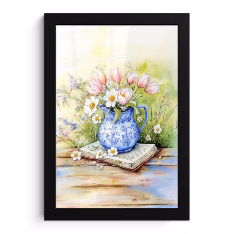 Poster met lijst - Vaas - Delftsblauw - Madeliefjes — 1