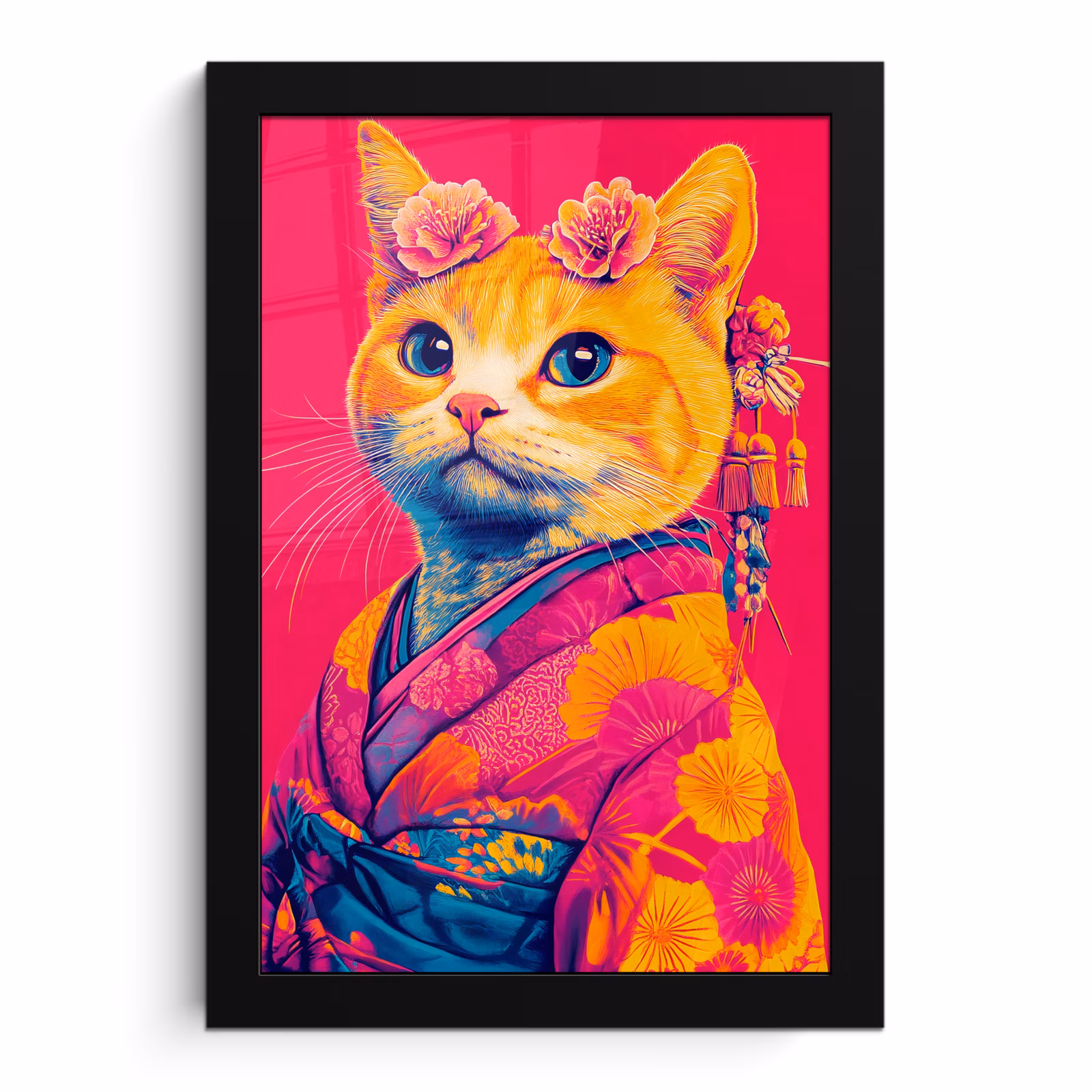 Poster met lijst - Kat - Kimono - Bloemen - Roze — 1