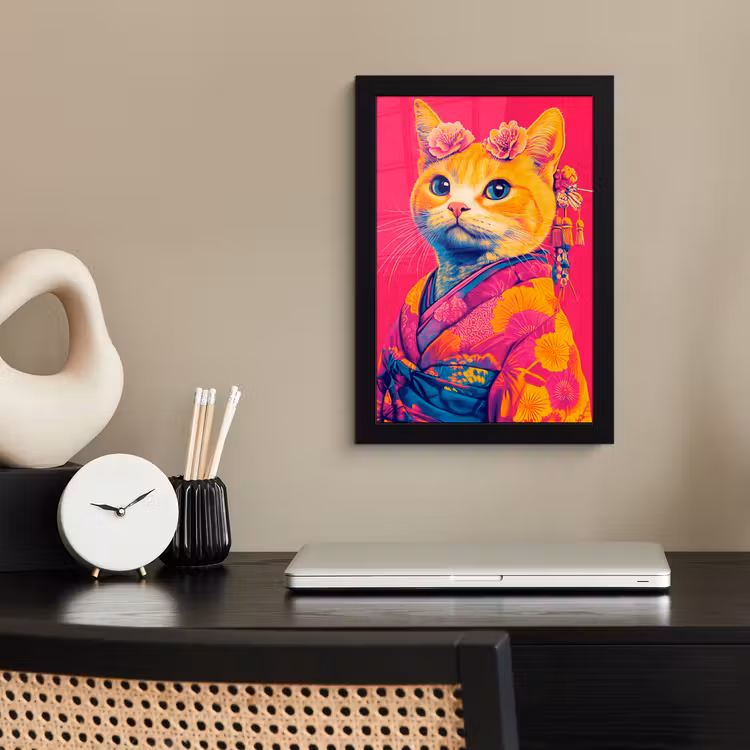 Poster met lijst - Kat - Kimono - Bloemen - Roze — 2