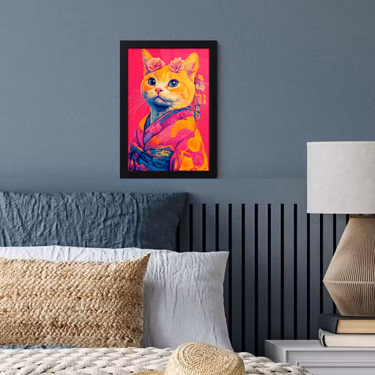 Poster met lijst - Kat - Kimono - Bloemen - Roze — 3