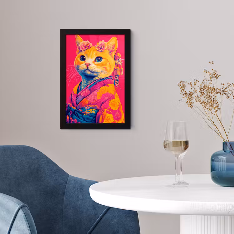 Poster met lijst - Kat - Kimono - Bloemen - Roze — 4