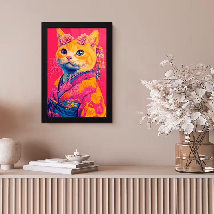 Poster met lijst - Kat - Kimono - Bloemen - Roze — 5