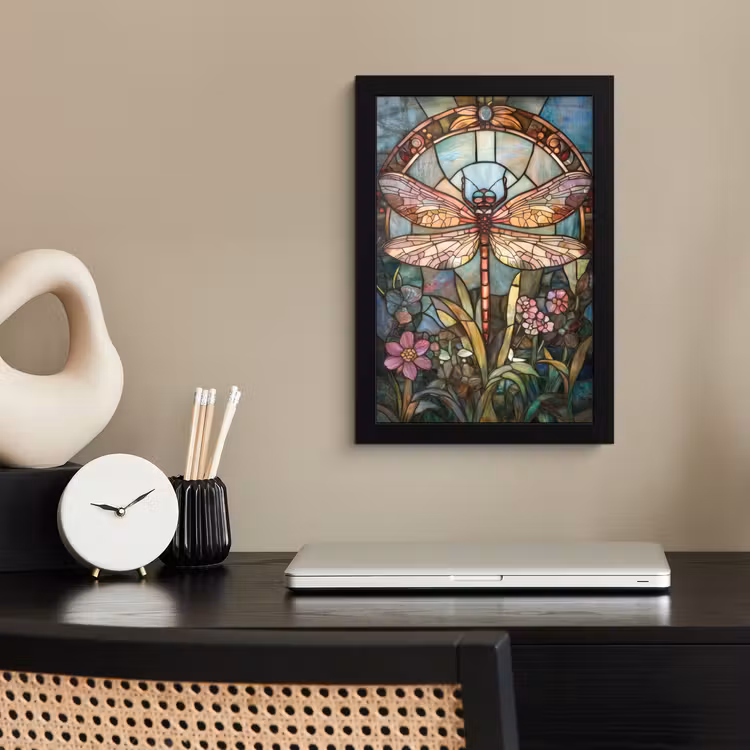 Poster met lijst - Libelle - Mozaïek - Bloemen - Kleurrijk — 2
