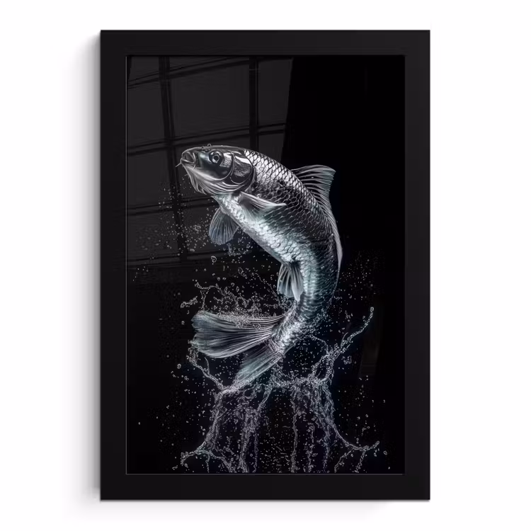 Poster met lijst - Springende Vis Zwart Wit