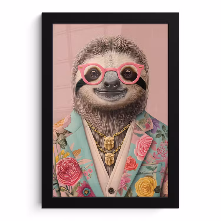 Poster met lijst - Luiaard - Bloemenprint - Bril - Roze — 1