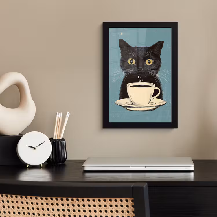 Poster met lijst - Kat - Zwart - Koffie - Minimalistisch — 2