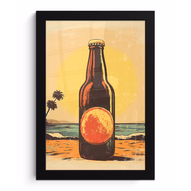 Poster met lijst - Bierfles - Zonsondergang - Palmbomen - Zee — 1