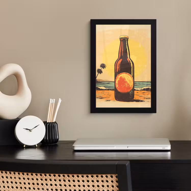 Poster met lijst - Bierfles - Zonsondergang - Palmbomen - Zee — 2