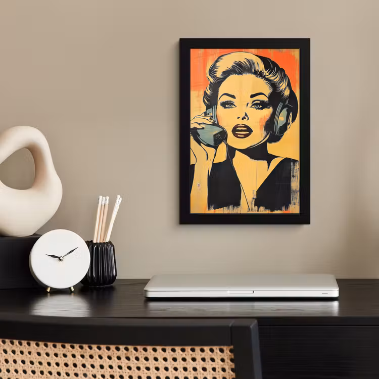 Poster met lijst - Retro - Vrouw - Koptelefoon - Oranje — 2