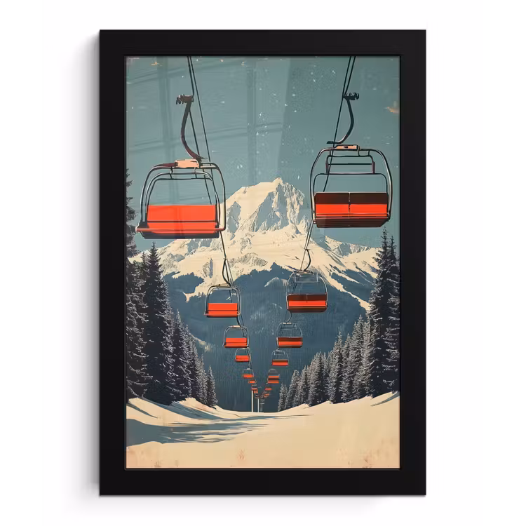 Poster met lijst - Sneeuw - Skilift - Rood - Bomen — 1