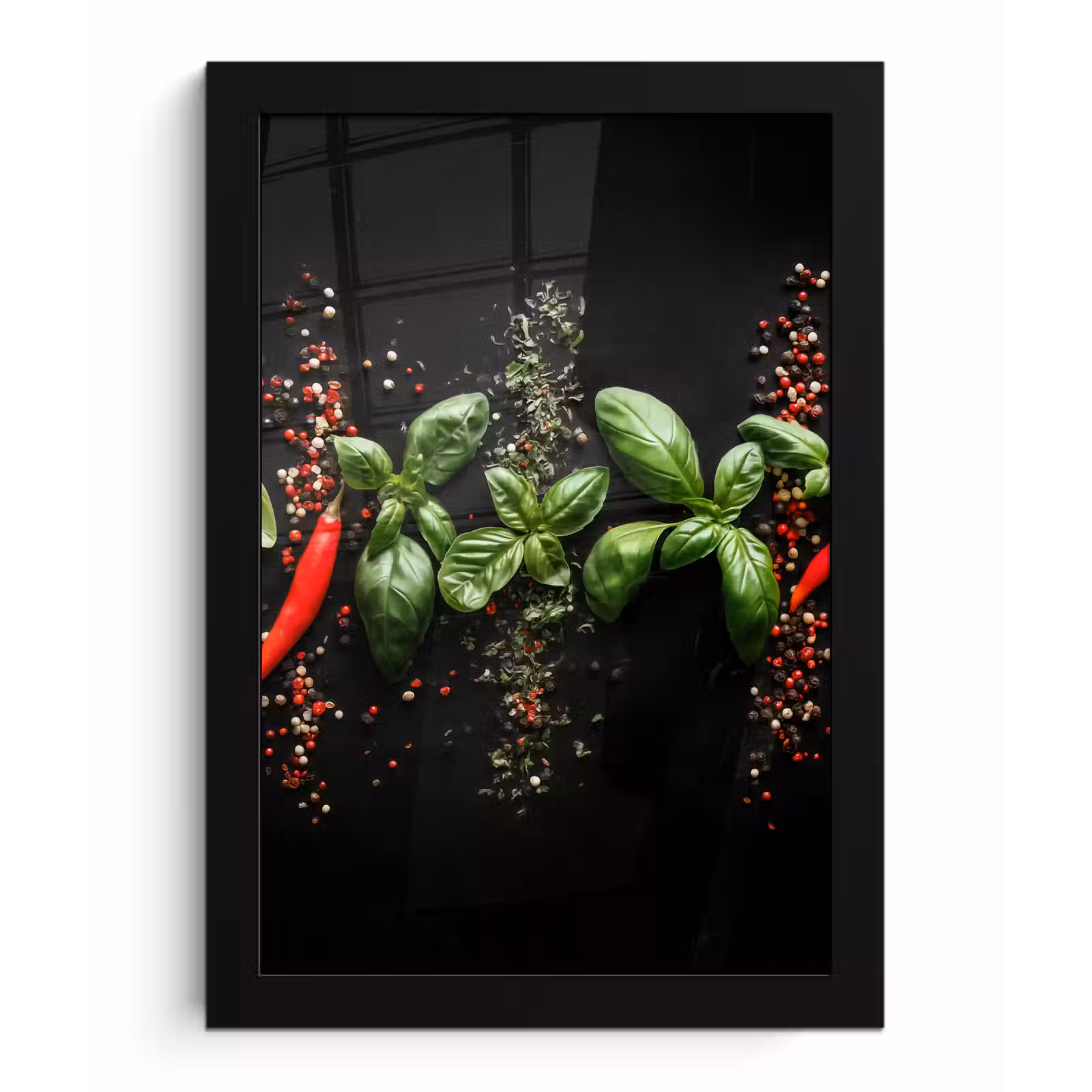 Poster met lijst - Chilipepers - Basilicum - Blaadjes - Rood — 1