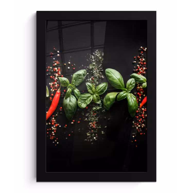 Poster met lijst - Chilipepers - Basilicum - Blaadjes - Rood