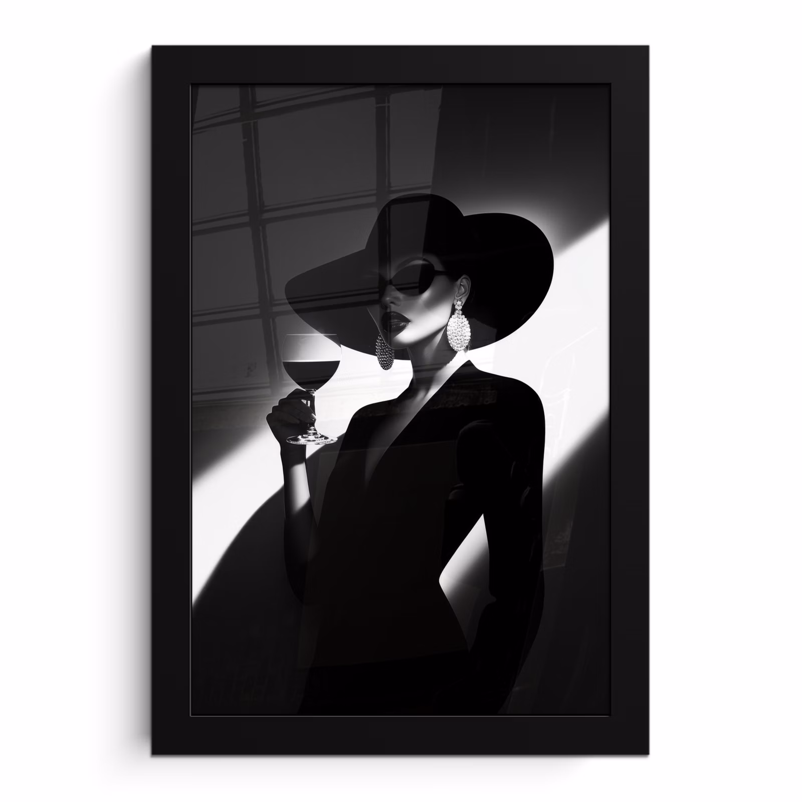 Poster met lijst - Vrouw met Hoed Wijnglas Zwart Wit — 1