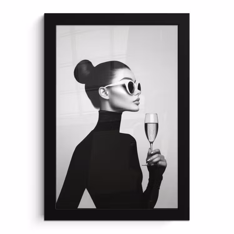 Poster met lijst - Vrouw met Champagneglas Zwart Wit