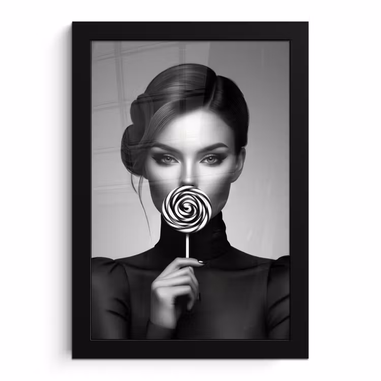 Poster met lijst - Vrouw met Spiraal Lolly Zwart Wit — 1