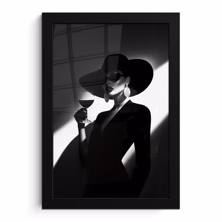 Poster met lijst - Vrouw met Hoed Wijnglas Zwart Wit
