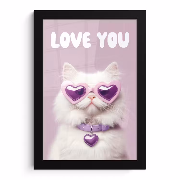 Poster met lijst - Witte Kat met Hartjesbril