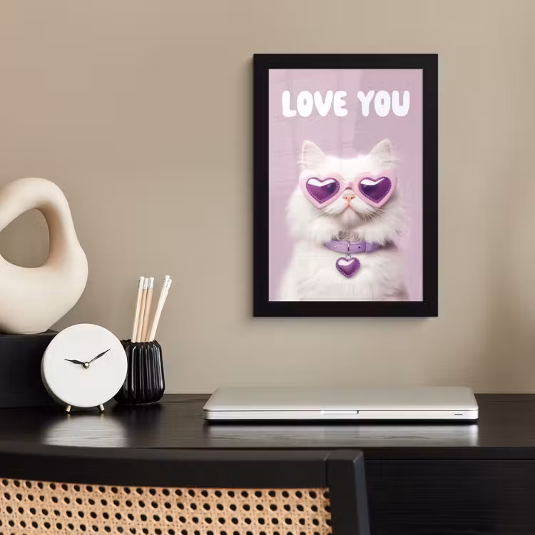 Poster met lijst - Witte Kat met Hartjesbril — 2