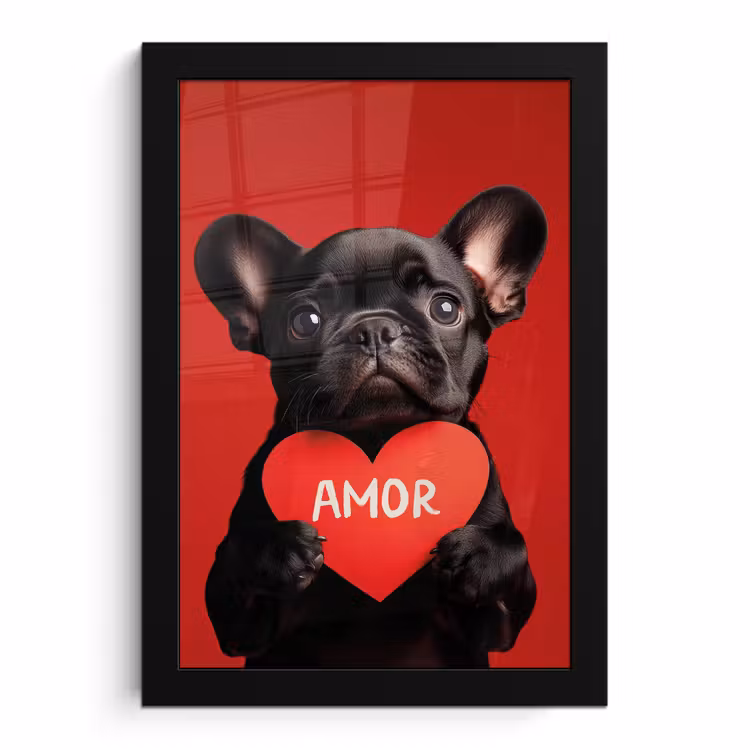 Poster met lijst - Franse Bulldog Puppy met Hartje