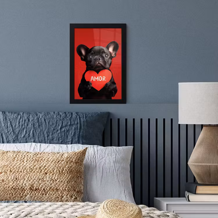 Poster met lijst - Franse Bulldog Puppy met Hartje — 3