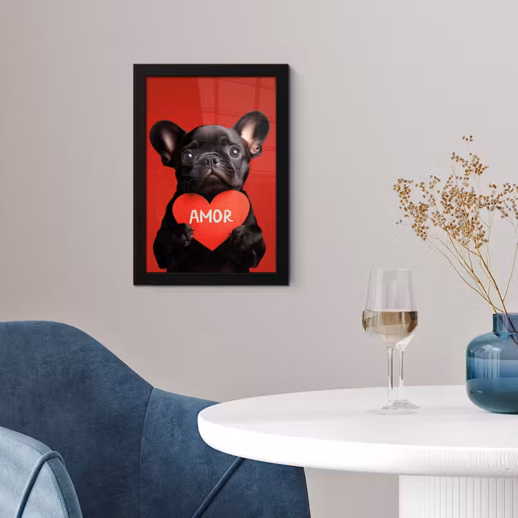 Poster met lijst - Franse Bulldog Puppy met Hartje — 4