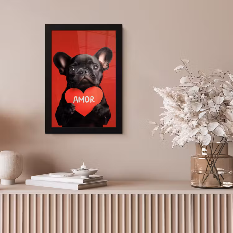 Poster met lijst - Franse Bulldog Puppy met Hartje — 5