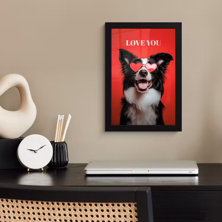 Poster met lijst - Hond met Hartjes Zonnebril Rood — 2