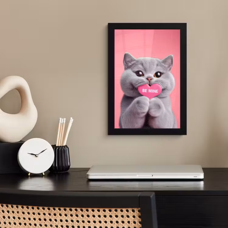 Poster met lijst - Grijze Kat met Roze Hart — 2