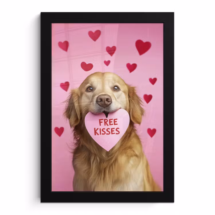 Poster met lijst - Golden Retriever Hartjes Roze