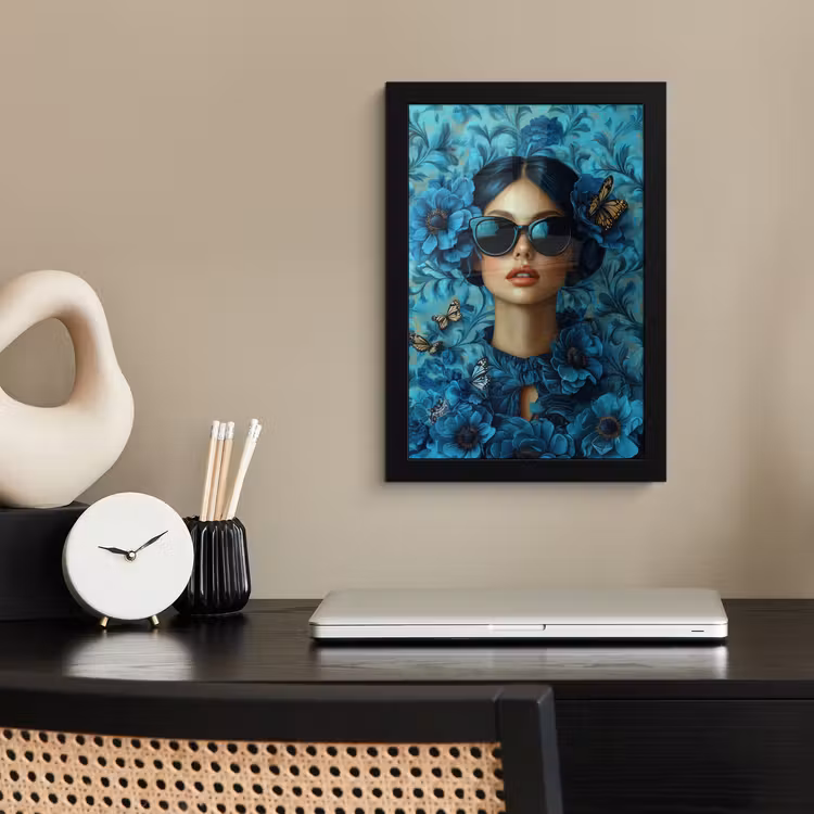 Poster met lijst - Vrouw - Bloemen - Vlinders - Blauw - Abstract — 2