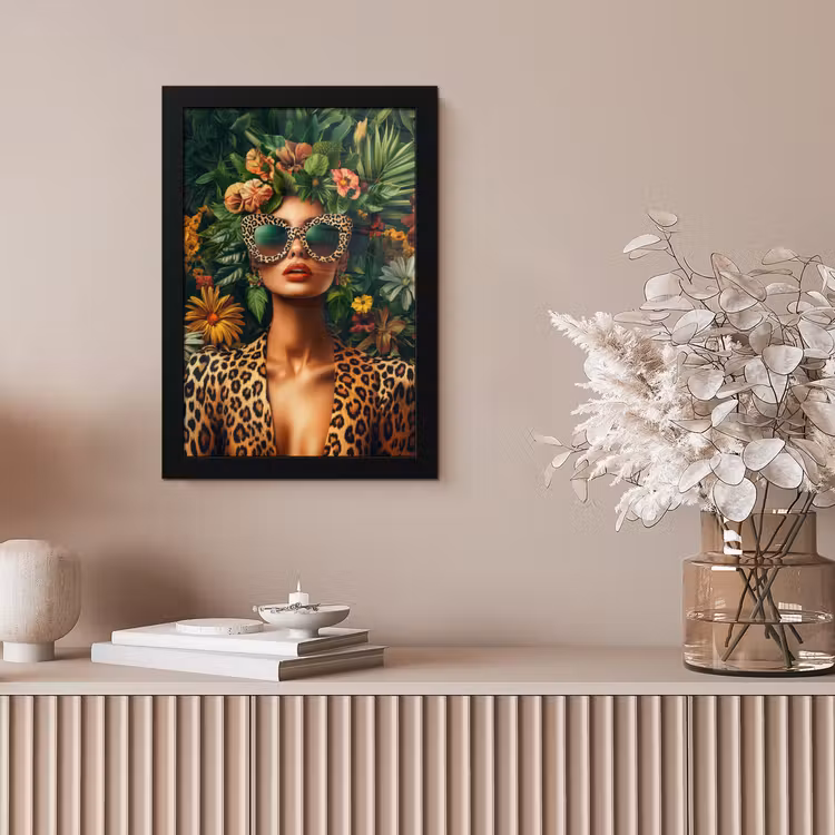 Poster met lijst - Vrouw met Panter Zonnebril Tropische Bloemen — 5