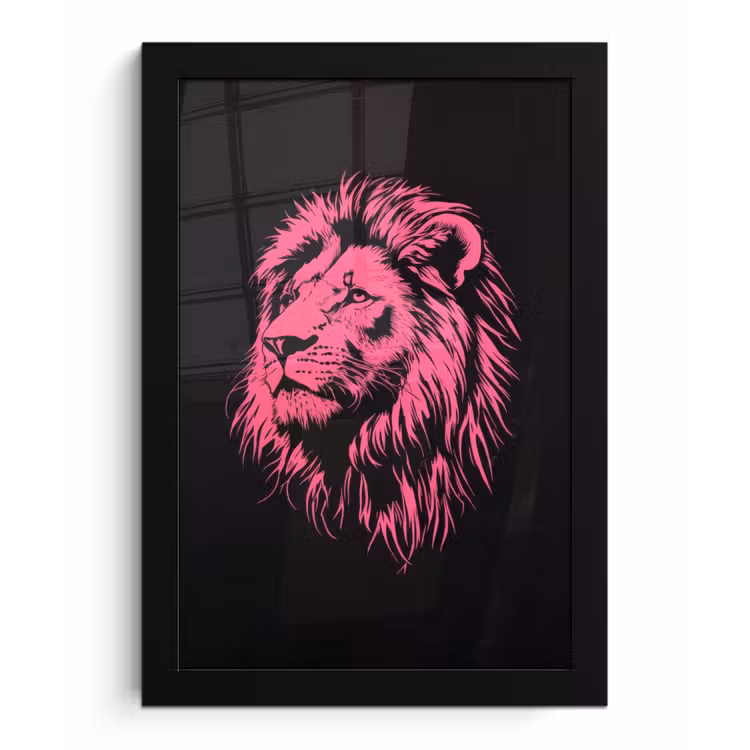 Poster met lijst - Leeuw - Zwart - Roze - Neon — 1