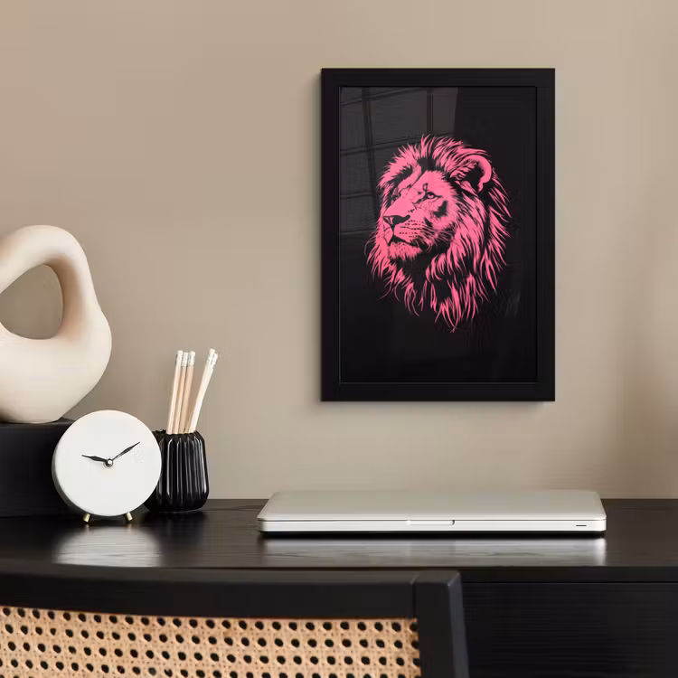 Poster met lijst - Leeuw - Zwart - Roze - Neon — 2