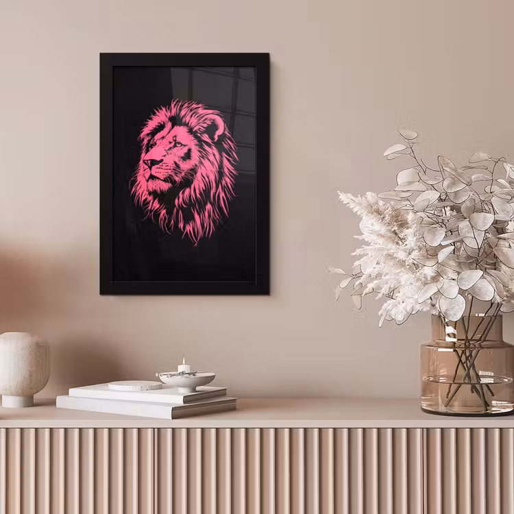 Poster met lijst - Leeuw - Zwart - Roze - Neon — 5