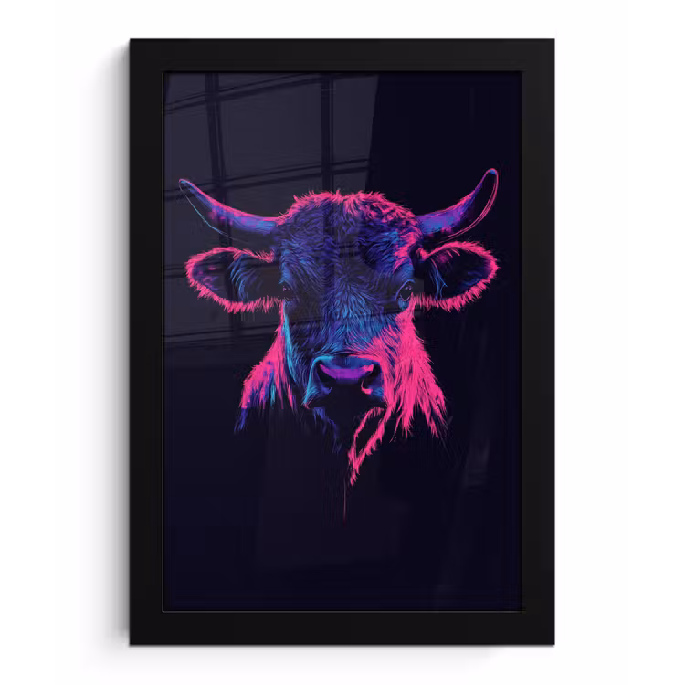 Poster met lijst - Stier - Neon - Zwart - Kleur — 1