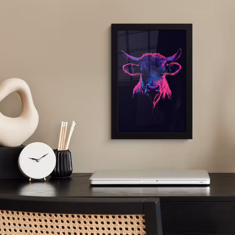 Poster met lijst - Stier - Neon - Zwart - Kleur — 2