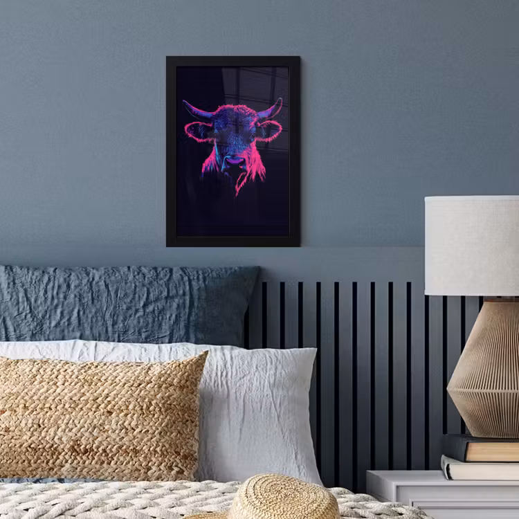 Poster met lijst - Stier - Neon - Zwart - Kleur — 3